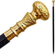 Vintage Antique Walking Cane Wooden Walking Stick Golden Brass Handle Knob Gi...