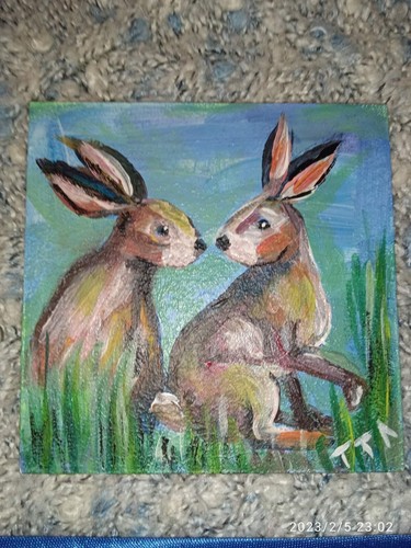 Original acrylic art painting.Two hares in the grass. March rabbits. 4 х 4 In. - Picture 7 of 10