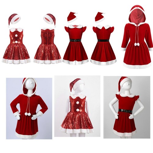 Kids Girls Christmas Santa Costumes Princess Tutu Velvet Dress Party Fancy Skirt - 第 1/30 張圖片