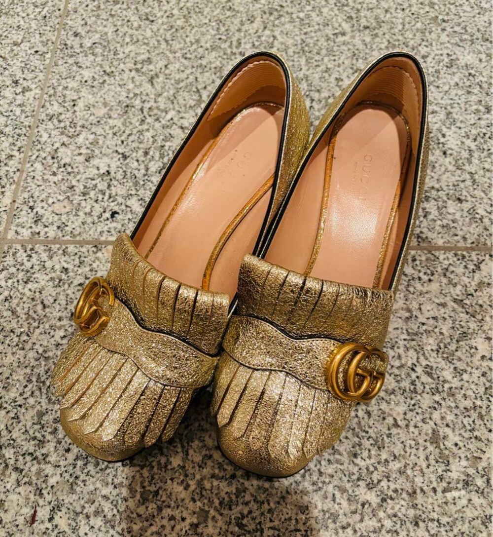 GUCCI Pumps Heel GG Marmont Fringe Leather Gold EU36/US6 GUCCI Pumps Heel GG Marmont Fringe Leather Gold EU36/US6
