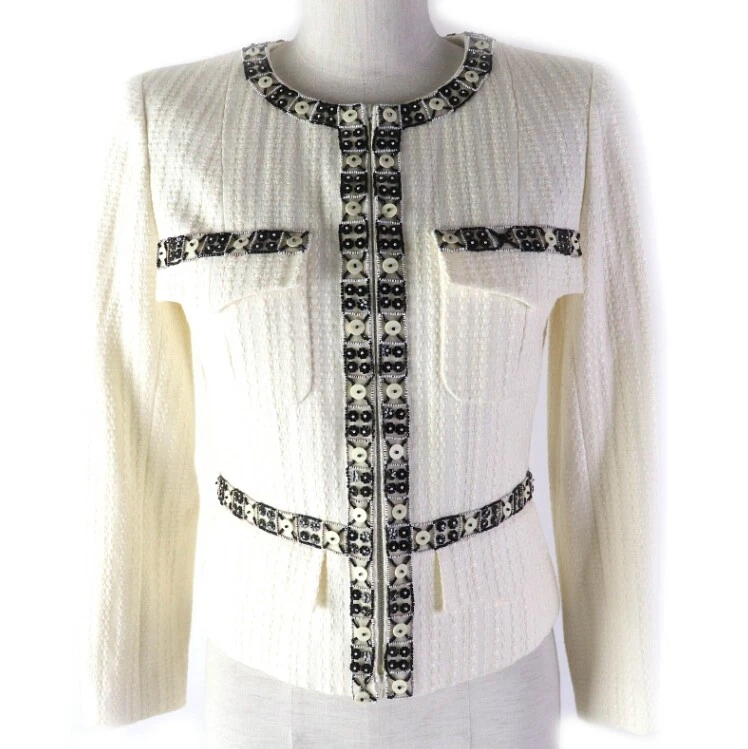 Giacca CHANEL senza colletto perline bianco cotone lino donna taglia 34 Francia