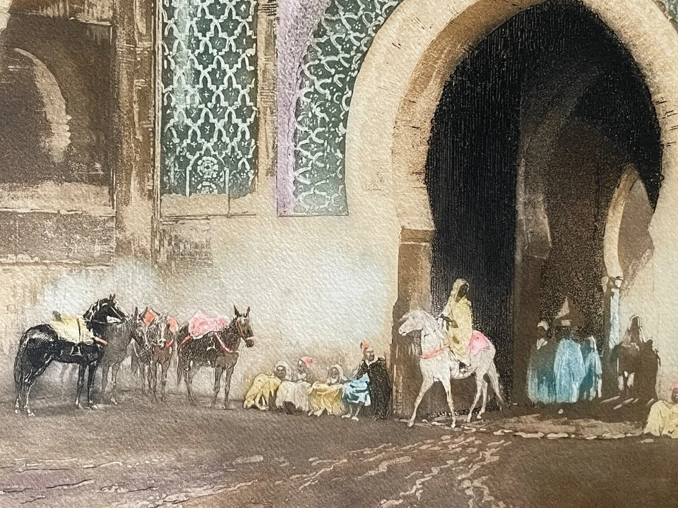 Aquatinte orientaliste, signée Maurice Romberg "Porte Bab Mansour" Meknès Maroc - Photo 4/4