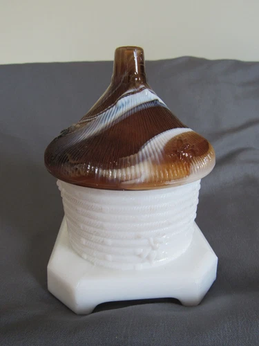 Vintage Imperial Glass White Milk Glass honey Jar base w/ brown slag lid &  bees