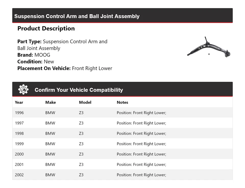 Conjunto de rótula de brazo de control delantero derecho inferior MOOG 19 para BMW Z3 1996-2002 Foto 2 de 4