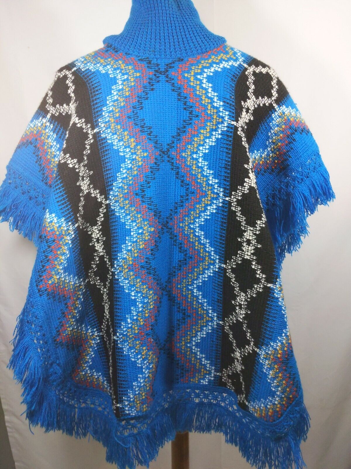 Retro Poncho Fringed Vintage Blue Knit Multi Colo… - image 5