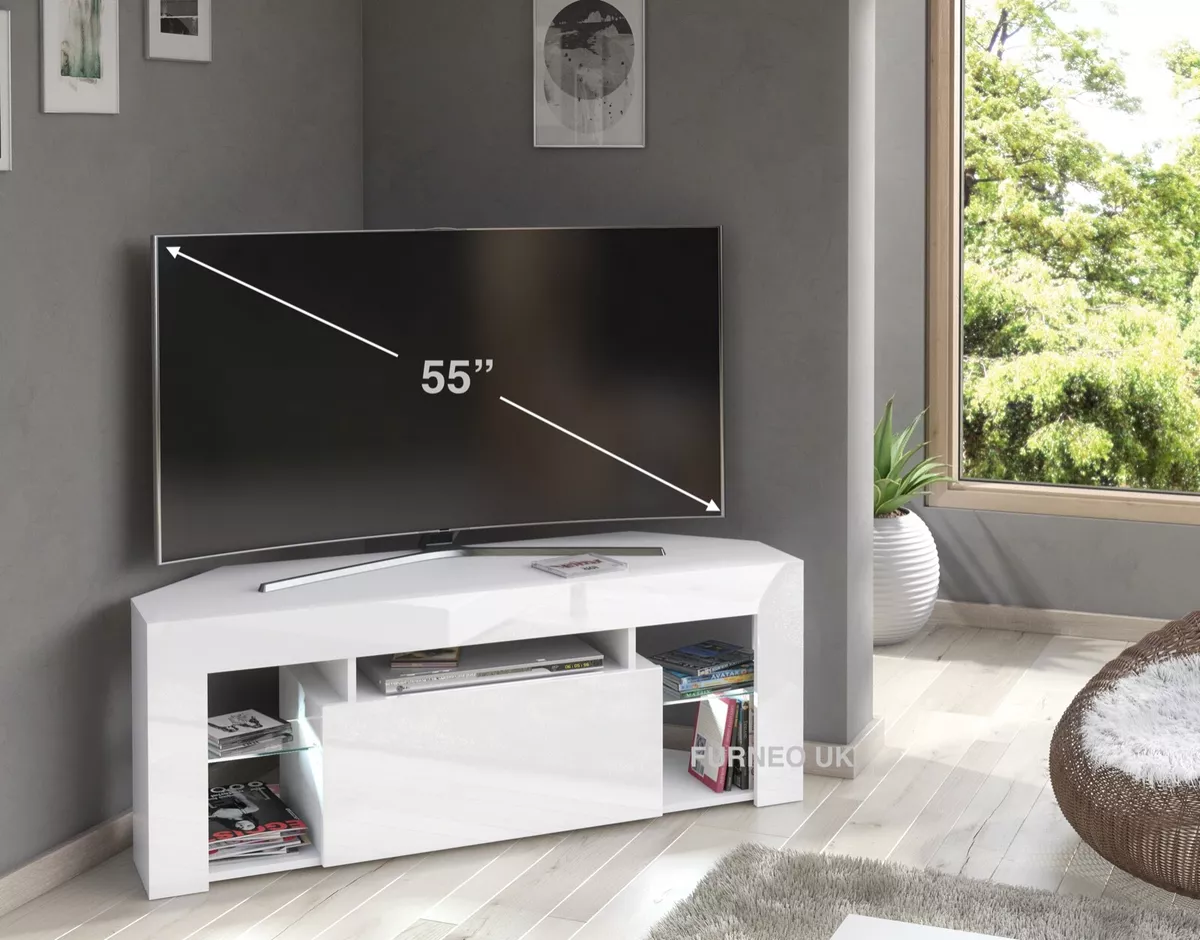 White Corner TV Stand 125cm Unit Modern High Gloss Matt Milano05 LED Lights