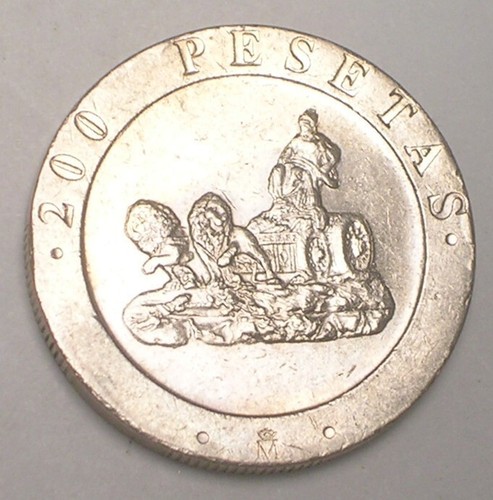 1990 Spain Spanish 200 Pesetas Conjoined Busts Lions Coin XF