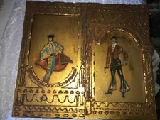 2 Vintage 1960s GOLD 3D Relief SPANISH Toreador BULLFIGHTER Wall PLAQUE 26"x14½"