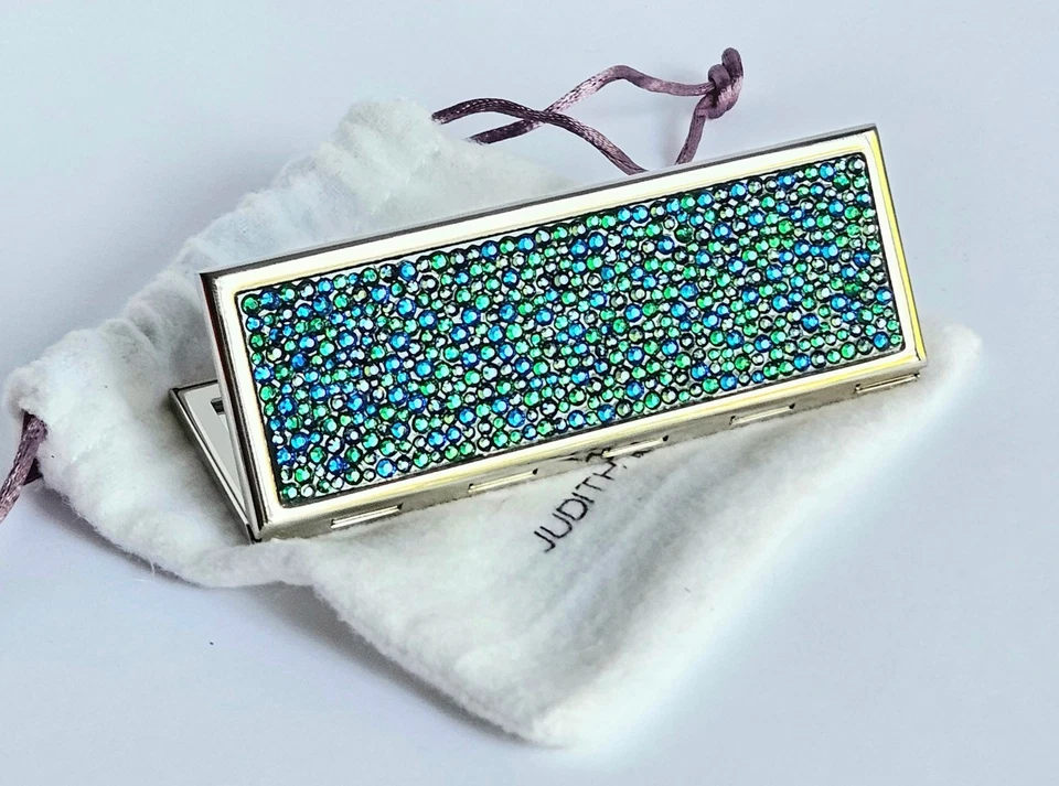 JUDITH LEIBER Slim Compact Pocket Mirror Austria Crystal Green Blue Dots Silver - Image 3 of 4