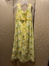 Vintage Yellow Green Floral Embroidered Empire Dress Size XS