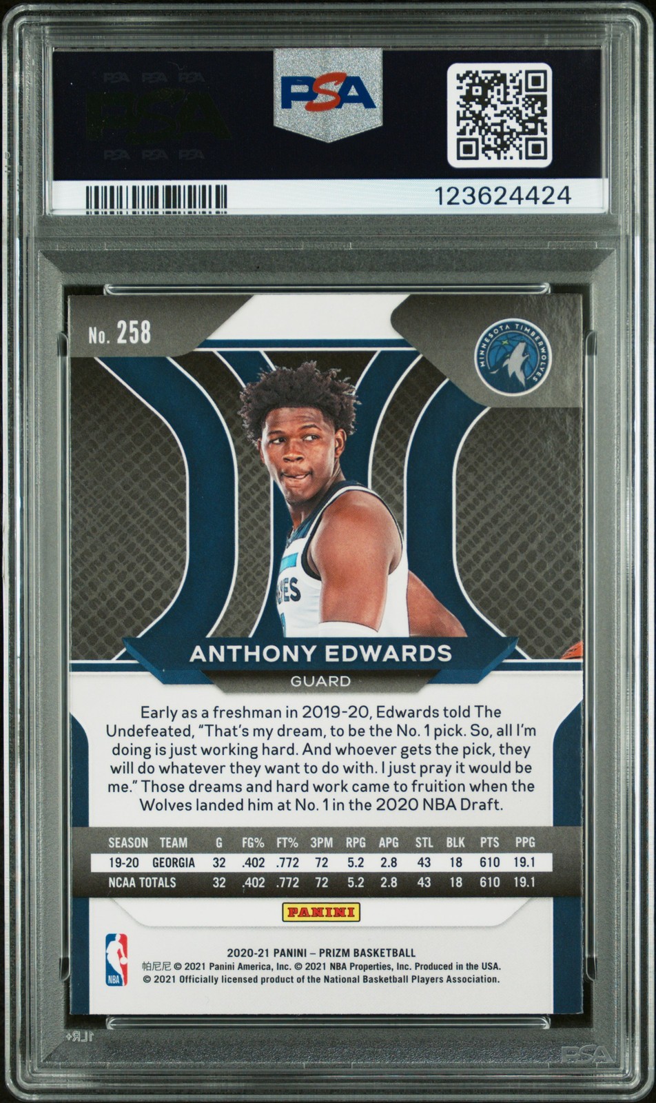 2020 Panini Prizm #258 Anthony Edwards PSA 9 view 2