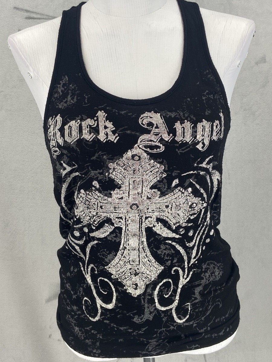 00s y2k grunge punk archive ネックレス クロム似 Y2K Ocasion Rock Angel Top Lg Sheer Cross Wings Embellished