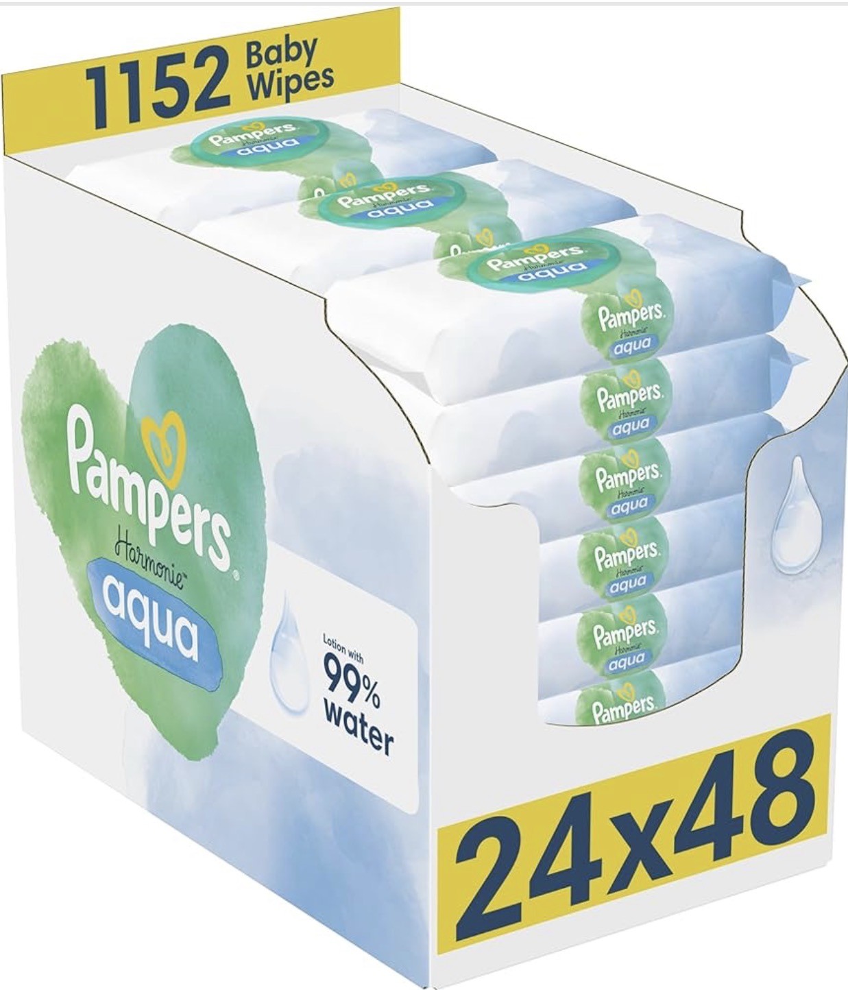 Pampers Harmonie Aqua Baby Wipes Plastic Free 24x48 | 99% Water | 1152 Wipes