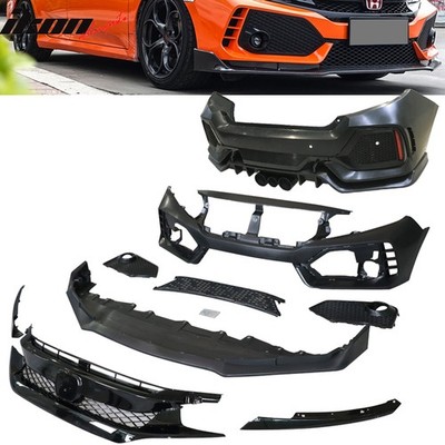 Fits 16-21 Honda Civic Sedan CTR Bumper + Lip +Grille Full Set Unpainted PP