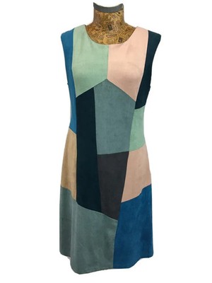 SÜSSES MISS KLEID L 12 GRÜN ROSA BLAU Stretch FAUX Wildleder Patchwork Boho Retro