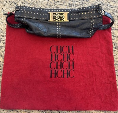 Carolina Herrera Black Studded Logo Shoulder Bag Zip Medium Dust Bag
