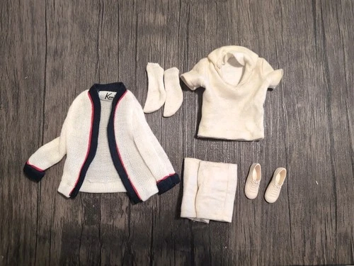 VTG Barbie Ken #790 Time for Tennis White Sweater Cardigan Shirt Shoes Shorts