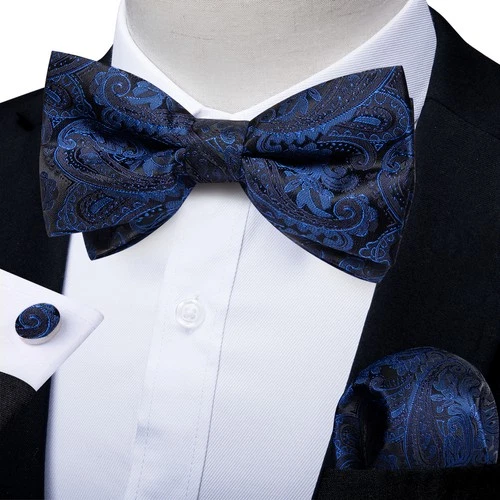 Navy Paisley Mens Bowtie Pretied Bow Ties Hankie Cufflinks Set Wedding Event