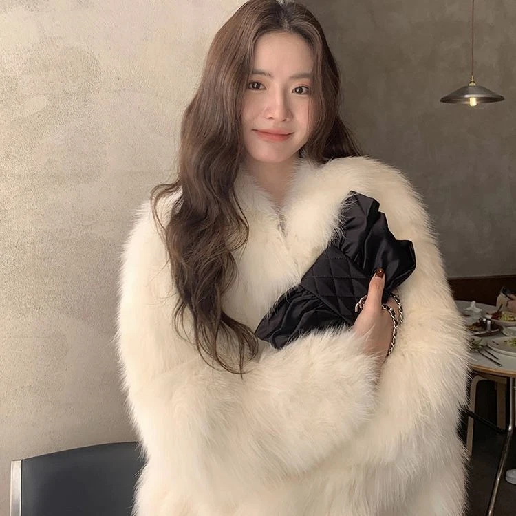 Winter Womens Fox Fur Coat Stand Up Collar Thickened Warm Korean Fur Party Coat - Image 4 of 4