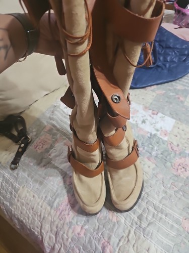 L.a.m.b Wedge Strappy Boots Nude Beige Brown Suede Leather RARE 6 Gwen VTG Y2K - Picture 12 of 13