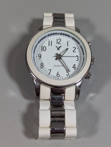 American Eagle White Dial Round Case Two Tone Link Band Watch