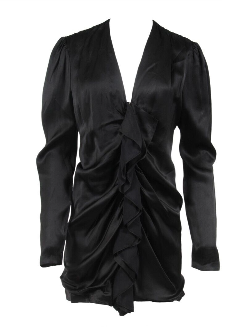 Mini abito nero Saint Laurent taglia F40 viscosa collo a V arricciato anteriore con cerniera Hedi