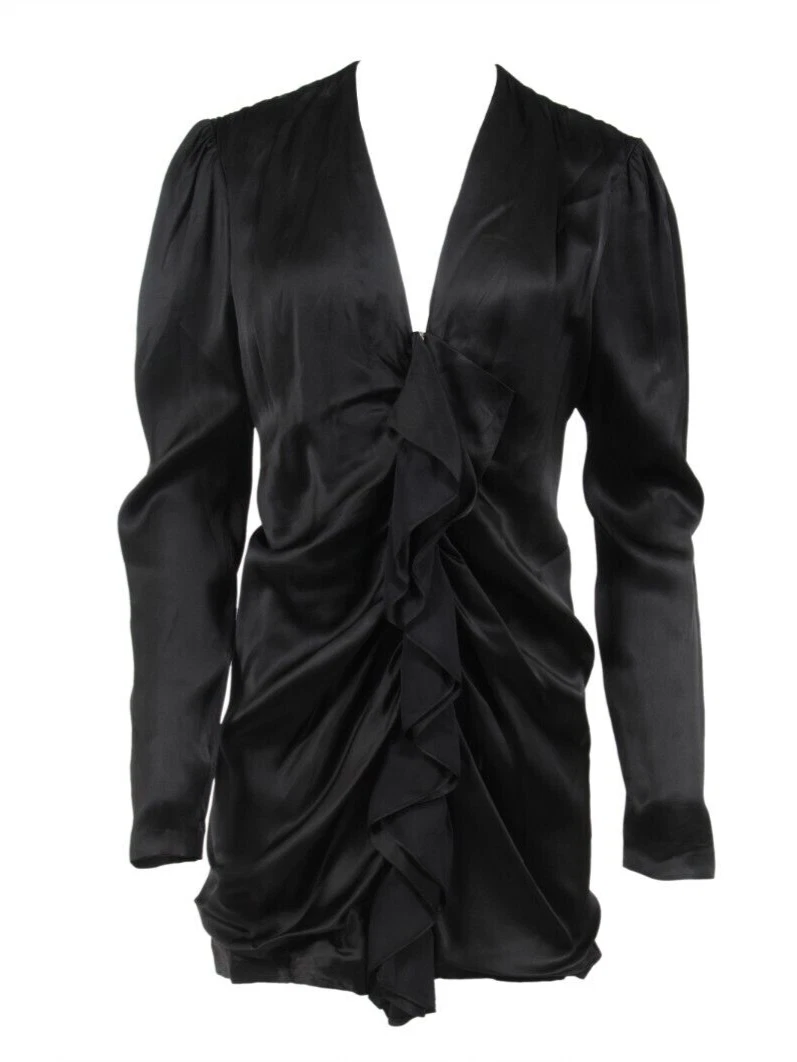 SAINT LAURENT (YSL) Mini abito nero Saint Laurent taglia F40 viscosa collo a V arricciato anteriore con cerniera Hedi