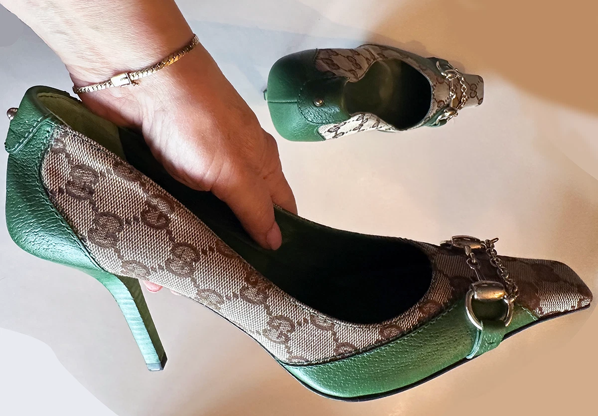 Escarpins vintage Gucci by Tom Ford Horsebit neufs sans boîte, beige/vert logo GG, taille 9,5 B
