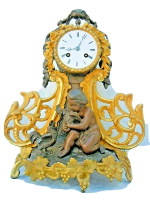 Pendule dore sculpture enfant combat coqs époque 19ème 斗鸡, 鬥雞 - Photo 1/4