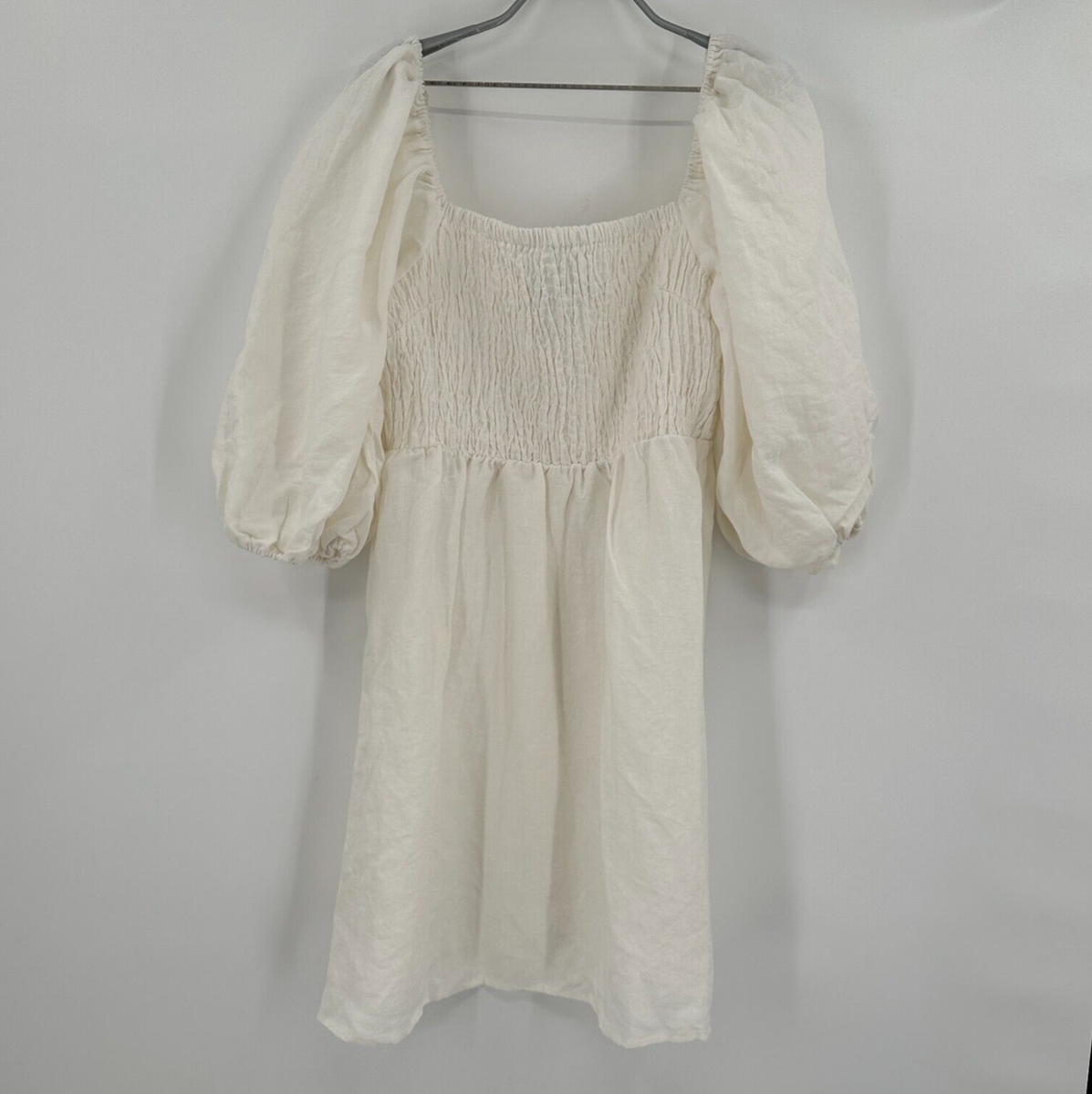 Tuckernuck Women's Annie Smocked Mini Dress Linen Puff Sleeve White sz XL NEW