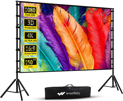 150'' Portable Projector Screen with Stand - 4K HD, Foldable, Wrinkle-Free