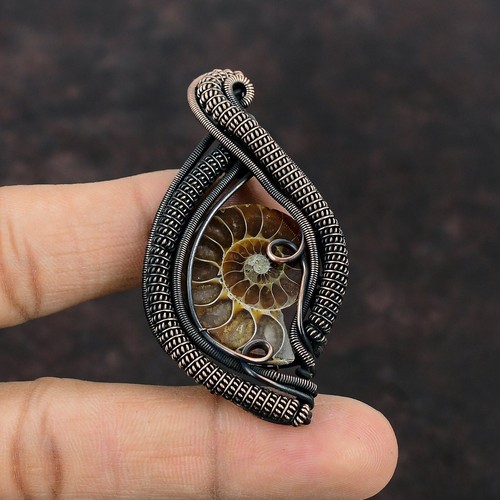 Ammonite Fossil Gemstone Jewelry Copper Mother Gift Wire Wrapped Pendant 2.56" - Picture 2 of 6