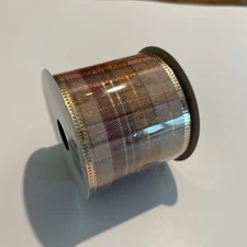 Crafters Square FALL PLAID Craft Wired Ribbon 2.5”x9’ Tan Brown Orange Red Shiny