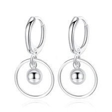 Women 925 Sterling Silver Dangle Drop Ball Small Huggie Hoop Earrings 12mm PE63