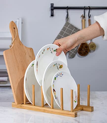 4 Pack Bamboo Dish Drying Rack Plate Rack Stand Pot Lid Holder Dish Organizer Ra - Picture 5 of 7