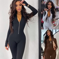 Womens Ladies Zip V Neck Jumpsuit Party Bodysuit Rompers Unitard Leggings PantS