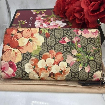 GUCCI GG Supreme Blooms Round Zip Long Wallet Floral Print Pink