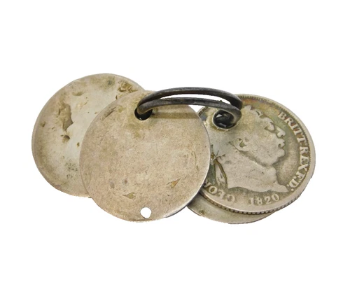 George III Sterling Silver Sixpence Coin Charm on Cut Steel Split Ring Antique