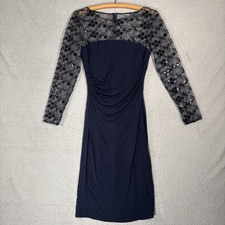 David Meister Women  s Size 4 Navy Blue Lace Sequins Illusion Cocktail Dress Glam