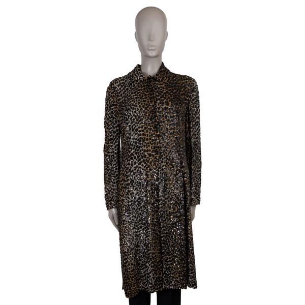 73727 authentisches Hemdblusenkleid Dolce & Gabbana beige Seide 1999 PAILLETTEN LEOPARD 44 L