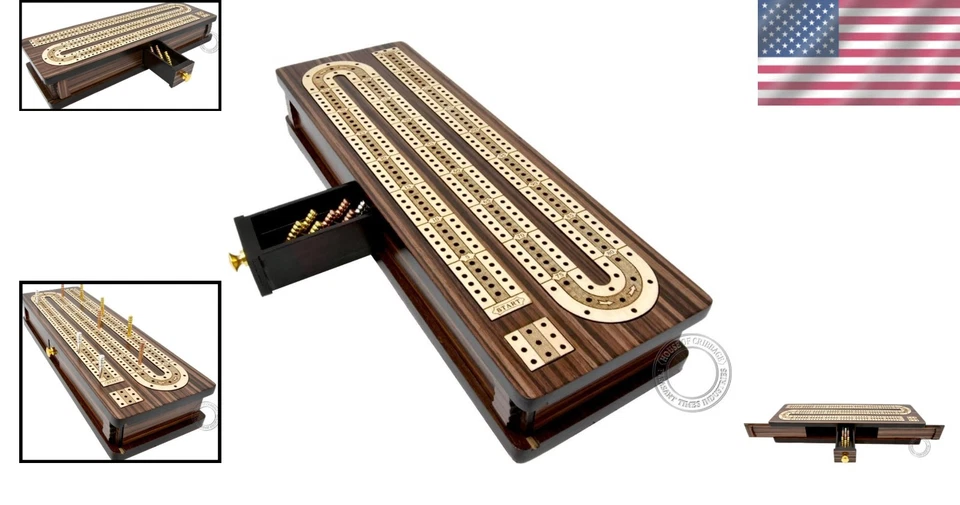 Handcrafted 12" Continuous Cribbage Board – Rosewood/Maple with Sliding Drawer - Image 2 of 4