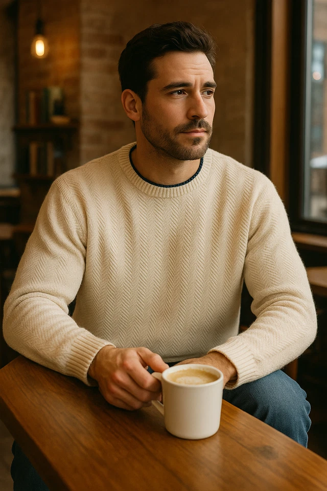 Suéter grande Roundtree & Yorke para hombre 100 % algodón tejido en espiga crema Foto 2 de 4