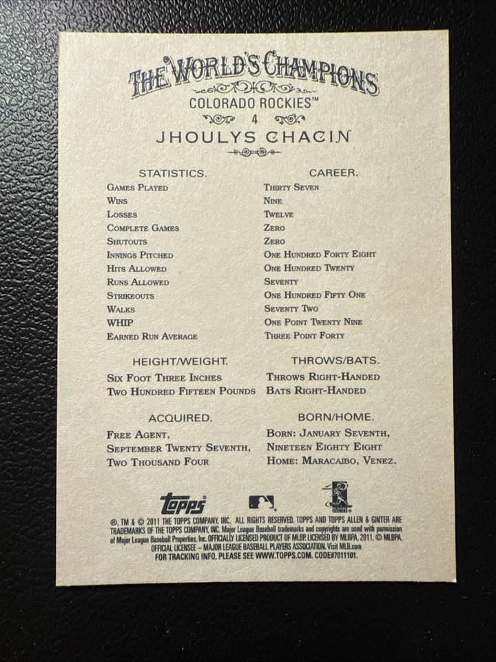 2011 Topps Allen & Ginter's - Jhoulys Chacin #4 - Image 2 of 2