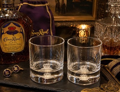 Pair Crown Royal 3D Laser Etched Heavy Base Rocks Glasses Whiskey Tumblers