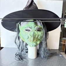 Witch Face Mask w/Black Hat and Gray Wig Halloween Costume Accessory For Adults
