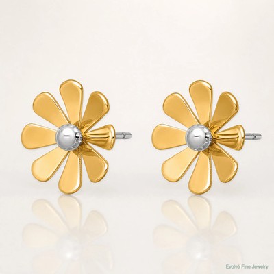 14K Yellow & Rhodium With White Rhodium Polished Daisy Post Earrings