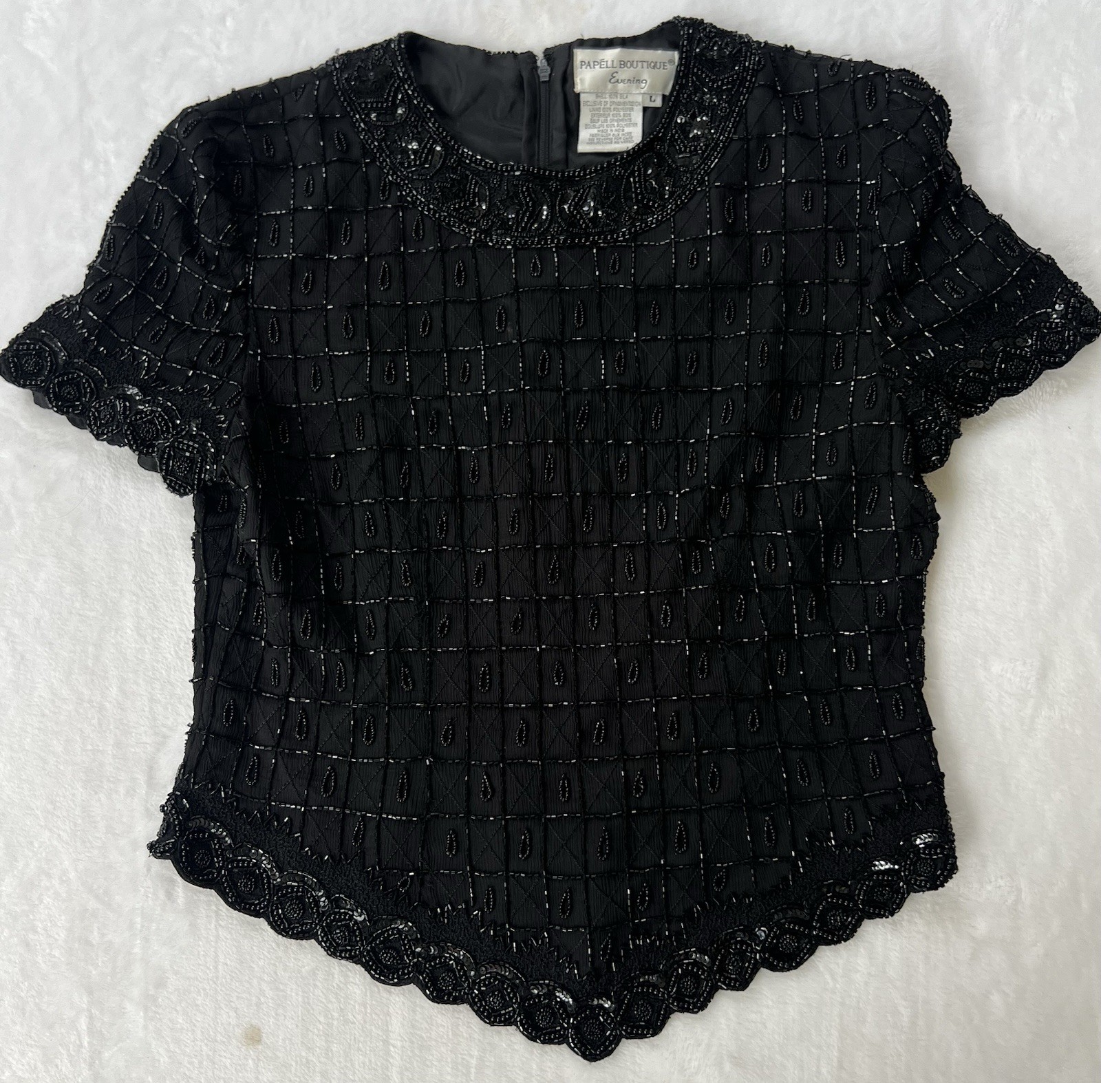 PAPELL BOUTIQUE EVENING BEADED SHORT SLEEVE TOP VINTAGE  BLACK SIZE L