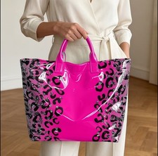 Women s Pink Glossy Leopard Print Rectangle Tote Bag Top Handles