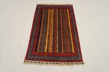 3x4 ft Red Turkish Shawl Striped Hand Knotted Wool Tribal Area Rug