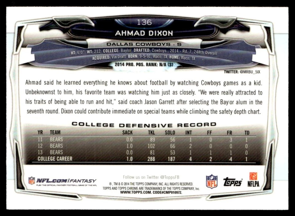 2014 Topps Chrome Blue Wave Refractor Ahmad Dixon Rookie Dallas Cowboys #136 - Image 2 of 2